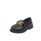 Children Loafers Metal Black Pu Leather Slip-on Kids Flat Shoes Platform Roune Toe Concise Style Boys Girls Mart Lion   