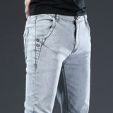 Trendy Men's Skinny Jeans Retro Washed Snowflake Slim Fit Type Classic Simple Casual Street Skateboarding Denim Pants Mart Lion Light blue 27 