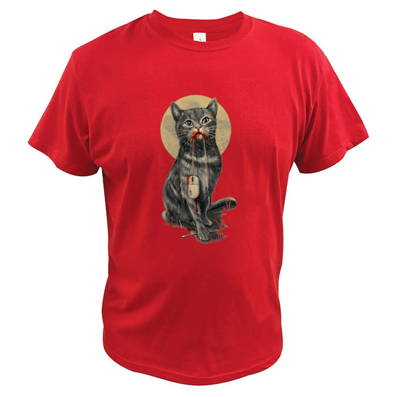 100% Cotton Cat Digital Print Summer Short Sleeve men's T shirt Homme Mart Lion Red EU Size S 