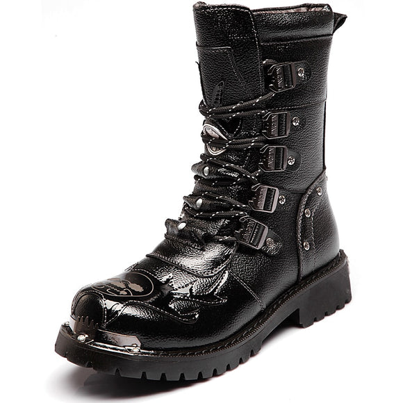  Men's Mid-Calf Army boots Lace-Up Genuine leather Motorcycle Non-slip Wear-resistant Outdoor work Skull Mart Lion - Mart Lion