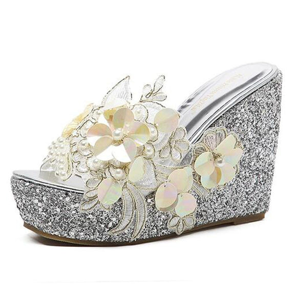 Summer Slippers Flower Decoration Platform Wedges Sandals Women High Heels Female Flip Flop Shoes Mart Lion silver 34 