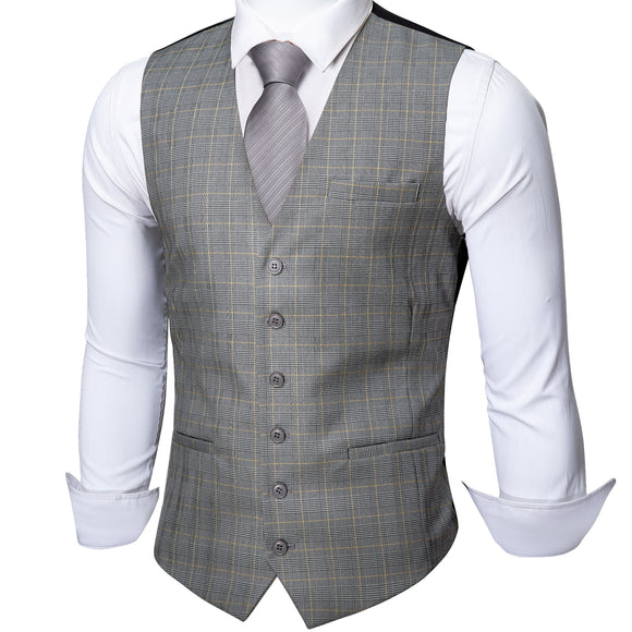  Barry Wang Men's Light Gray Plaid Waistcoat Blend Tailored Collar V-neck 3 Pocket Check Suit Vest Tie Set Formal Leisure MD-2305 Mart Lion - Mart Lion