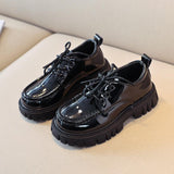 Kids Leather Shoes Chunky Patent Leather Four Season Lace-up All-match Boys Girls Flat Chic Children Mart Lion Black 26-15.8cm 