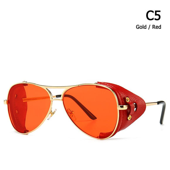 Vintage SteamPunk Pilot Style Sunglasses Leather Side Design Sun Glasses Oculos De Sol 2029 Mart Lion C5 Gold Red  
