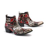Men's Metal Fangtou Belt High-heeled Short boots Western Cowboy Cowhide Serpentine Printing Stage show Party Mart Lion Auburn 39 China