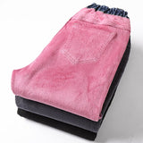  Winter Women's Jeans Thick Pink Fleece Loose Stretch Mom Pants Casual Female Velvet Denim Pants Mart Lion - Mart Lion