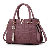 Women Handbags Tassel PU Leather Totes Bag Top-handle Embroidery Shoulder Lady Simple Style Crocodile pattern Mart Lion Purple 28x13x20cm 