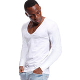 Deep V Neck Tshirt for Men's Low Cut Wide Collar Top Cotton Tees Male Slim Fit Long Sleeve Mart Lion White S 