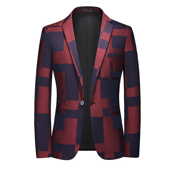 Men's Plaid Printed Blazer Terno Slin Masculino Luxury Blazers Suits Jacket For Wedding Blazer Homme Mart Lion Wine Asian Size M 