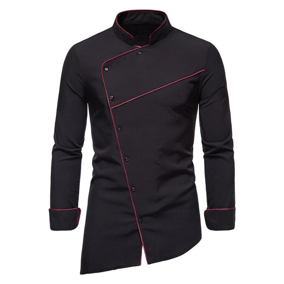 Men's Irregular Long Sleeve Shirt Solid Color Oblique Button Social Office Work Clothes Clothing Chemise Homme Mart Lion Black S 