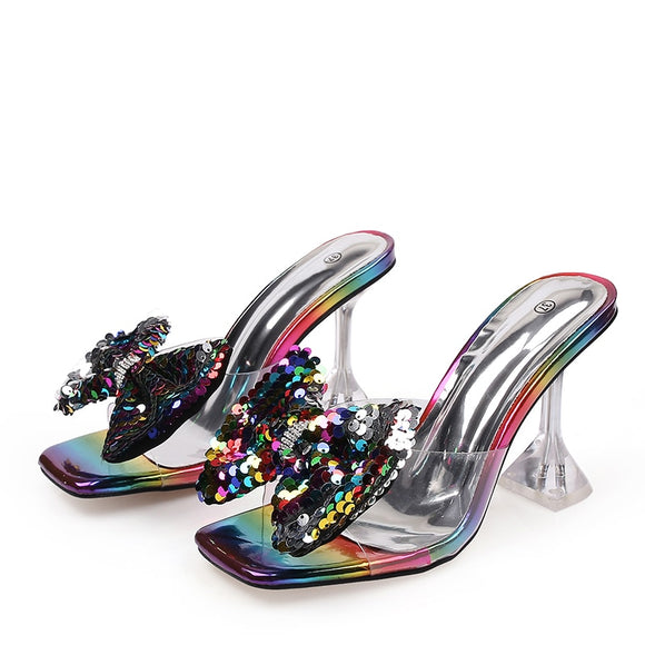  Transparent PVC Crystal Clear Heeled Women Slippers Fish Scales Bow High Heels Female Mules Slides Summer Sandals Shoes Mart Lion - Mart Lion