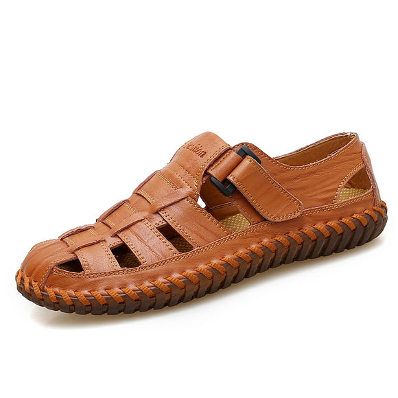 Summer Men's Sandals Leisure Beach Shoes Genuine Leather Mart Lion Red-brown 6.5 