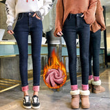 Winter Female Thick pink Fleece Warm Skinny Jeans trousers Women High waist Stretch Solid color casual Denim Pencil Pants Mart Lion   
