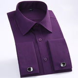 Men's Classic French Cuffs Striped Dress Shirt Single Patch Pocket Standard-fit Long Sleeve Shirts (Cufflink Included) Mart Lion Purple M 