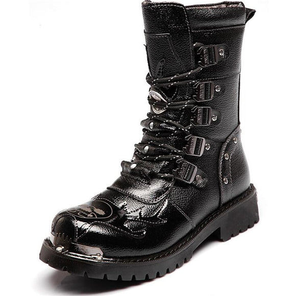  Men's Metal Gothic Mid-Calf Boots Punk Retro Leather Motorcycle Shoes Army Military Cowboy Snow Mart Lion - Mart Lion