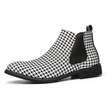Men's Ankle Boots Houndstooth Chelsea Dress Shoes Leather Pointed Toe Casual Party Mart Lion black white 38 