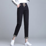  Fleece Black Jeans Women Winter Elastic Waist Thick Warm Trend Leopard Print Youth Denim Trousers Harem Pants Streetwear Mart Lion - Mart Lion