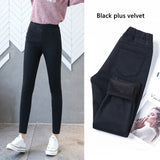 Women Velvet Thick Elastic High Waist Skinny Jeans Classic Blue Black Stretch Fabric Denim Pants Mom Mart Lion Black plus velvet S 