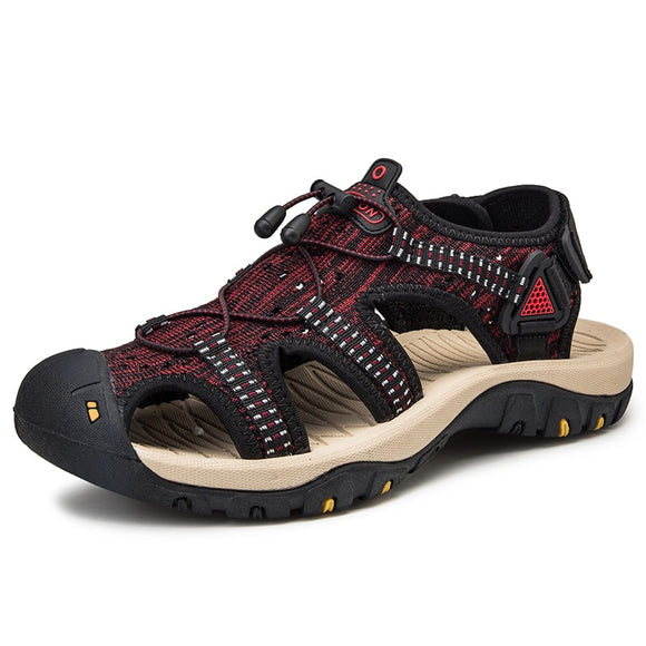 Summer Men's Sandals Design Breathable mesh Casual Beach Shoes Soft Bottom Outdoor Mart Lion Black red 6.5 