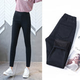 Women Velvet Thick Elastic High Waist Skinny Jeans Classic Blue Black Stretch Fabric Denim Pants Mom Mart Lion   