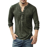 Men's Tee Shirt V-neck Long Sleeve Tee amp Tops Stylish Buttons Autumn Casual Henley shirt Solid Clothing Mart Lion Green Asian Size M 