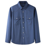Men's Loose Casual Classic Pocket Cotton Autumn Men's Long Sleeve Cotton Elasticity Shirts Mart Lion Blue XL-185 