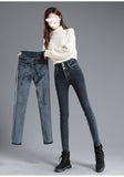 Casual Jeans Women Fleece Winter Three Buckle Slim High Waist Skinny Elasticity Soft Velvet Pencil Pants Female Denim Trousers Mart Lion   