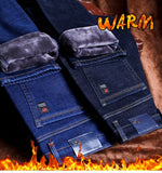  Winter Me Warm Slim Fit Jeans Thicken Denim Trousers Fleece Stretch Pants Black Blue Mart Lion - Mart Lion