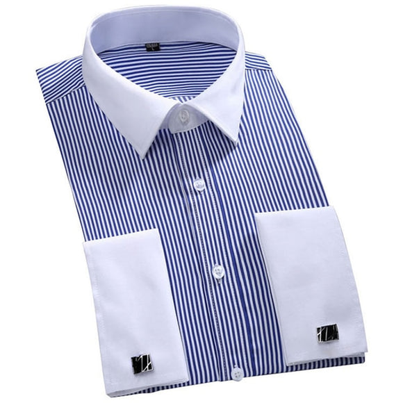 Men's Classic French Cuffs Striped Dress Shirt Single Patch Pocket Standard-fit Long Sleeve Shirts (Cufflink Included) Mart Lion FS15 M 