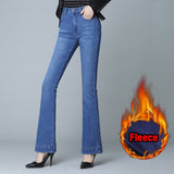 Winter Fleece Flared Pants Jeans Women High Waist Stretch Slim TWide Legs Hick Velvet Female Denim Trousers Mart Lion Light blue Asia 26 China