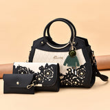 Female Composite Bags Hollow Out Ombre Handbag Floral Print Shoulder Bag Ladies Pu Leather Casual Tote Bags Vintage Bolsa Mart Lion black  