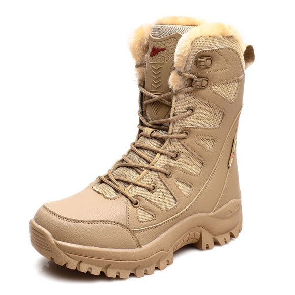 Warm Plush Snow Boots Men's Lace Up Casual High Top Waterproof Winter Anti-Slip Ankle Army Work Mart Lion Brown Plush 5.5 