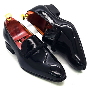 Men's Dress Shoes Black Patent Leather loafers With Black String Pointed Toe Party Wedding Formal Luxury Mart Lion   