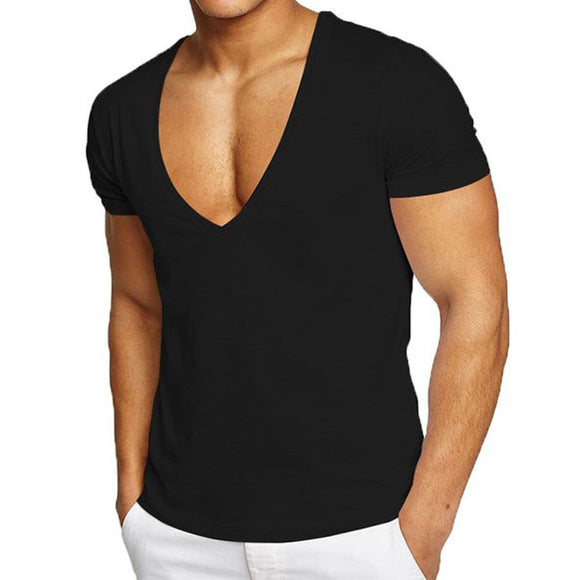 Men's Fitness Sports Running Short-Sleeved 100 Cotton Deep V-neck T-shirt Summer