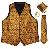Men's Vest Tie Set Classic Wedding Paisley Black Gold Paisley Tuxedo Suit Vest Formal Dress Male Mart Lion   