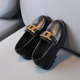 Children Loafers Metal Black Pu Leather Slip-on Kids Flat Shoes Platform Roune Toe Concise Style Boys Girls Mart Lion   