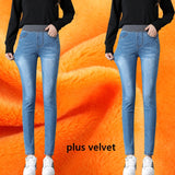 Women Winter Warm Skinny Jeans Pants Velvet Thick Trousers High Waist Elastic Middle Aged Mother Stretch Clothes Mart Lion Light blue plus velv 26 