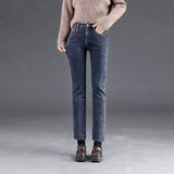Straight Fleece Jeans Women Autumn Winter High Waist Casual Vintage Elasticity Velvet jeans Denim Trousers Mart Lion Blue gray 25 China
