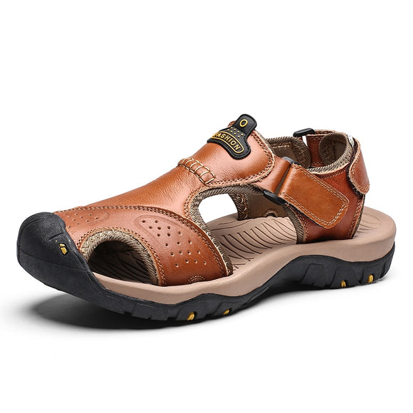 Summer Genuine Leather Outdoor Men's Shoes Sandals Casual Beach Sneakers Mart Lion Red-brown 6.5 