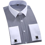 Men's Classic French Cuffs Striped Dress Shirt Single Patch Pocket Standard-fit Long Sleeve Shirts (Cufflink Included) Mart Lion FS13 M 