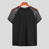 Men's T Shirt Mesh Patchwork Streetwear Crew Neck Short Sleeve Casual Tee Tops Breathable Mart Lion Black S 