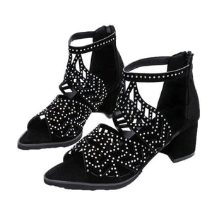 Women Summer High Heels Hollow Out Faux Leather Rhinestones Thick Heel Zipper Sandals Open Toe Shoes Mart Lion black 35 