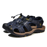 Outdoor Men's Sandals Leather Summer Beach Roman Trekking Flip Flops Non Slip Flat Hiking Mart Lion blue  7239 38 