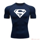 Summer Men's amp T-shirt Short Sleeve Bodybuilding T-shirt Compression shirt MMA Fitness Quick dry Casual Black round neck top Mart Lion Navy 1 XL 
