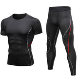 2 Pcs Set Men.s Tracksuit Gym Fitness Compression Sport Suit Clothes Running Jogging Sportswear Exercise Workout Tight Rashguard Mart Lion Black and Red S 