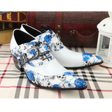  Autumn White Lace Belt buckle Decorate Tip High heels Cowhide Men shoes Casual leather Wedding Mart Lion - Mart Lion