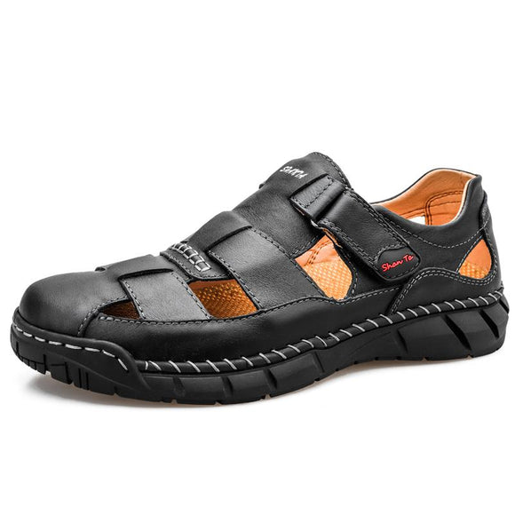 Classic Men's Sandals Summer Genuine Leather Outdoor Casual Lightweight Slipper Mart Lion Black 6.5 