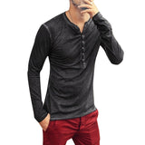 Men's Tee Shirt V-neck Long Sleeve Tee amp Tops Stylish Buttons Autumn Casual Henley shirt Solid Clothing Mart Lion Dark Gray Asian Size M 