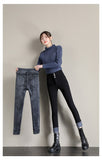 Winter Warm Velvet Women Jeans Fleece Skinny Stretch Pencil Pants Fashion 4 Colors Double Buckle High Waist Denim Trousers  MartLion