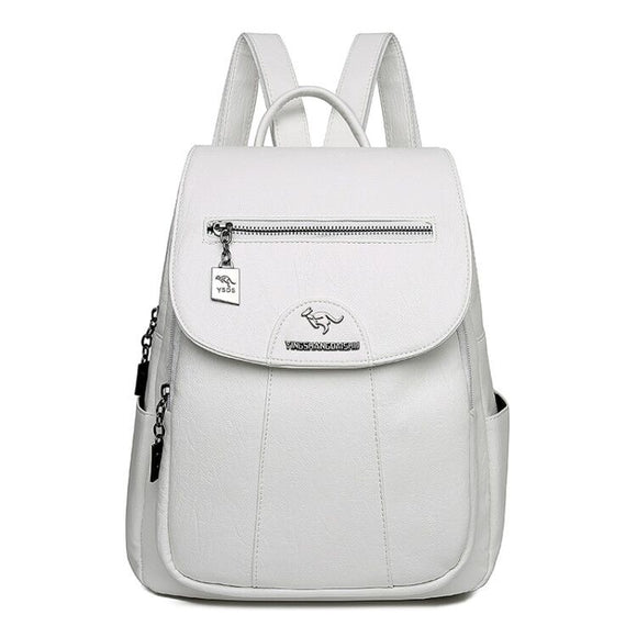 Leather Backpack Women Large Capacity Travel Backpack School Bags Mochila Shoulder Women Mart Lion White  
